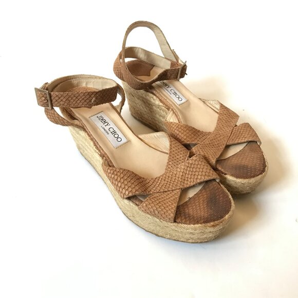 Jimmy Choo Phoenix Wedge Espadrilles Sandals Womens 40 9 Brown Python Leather - Picture 4 of 12